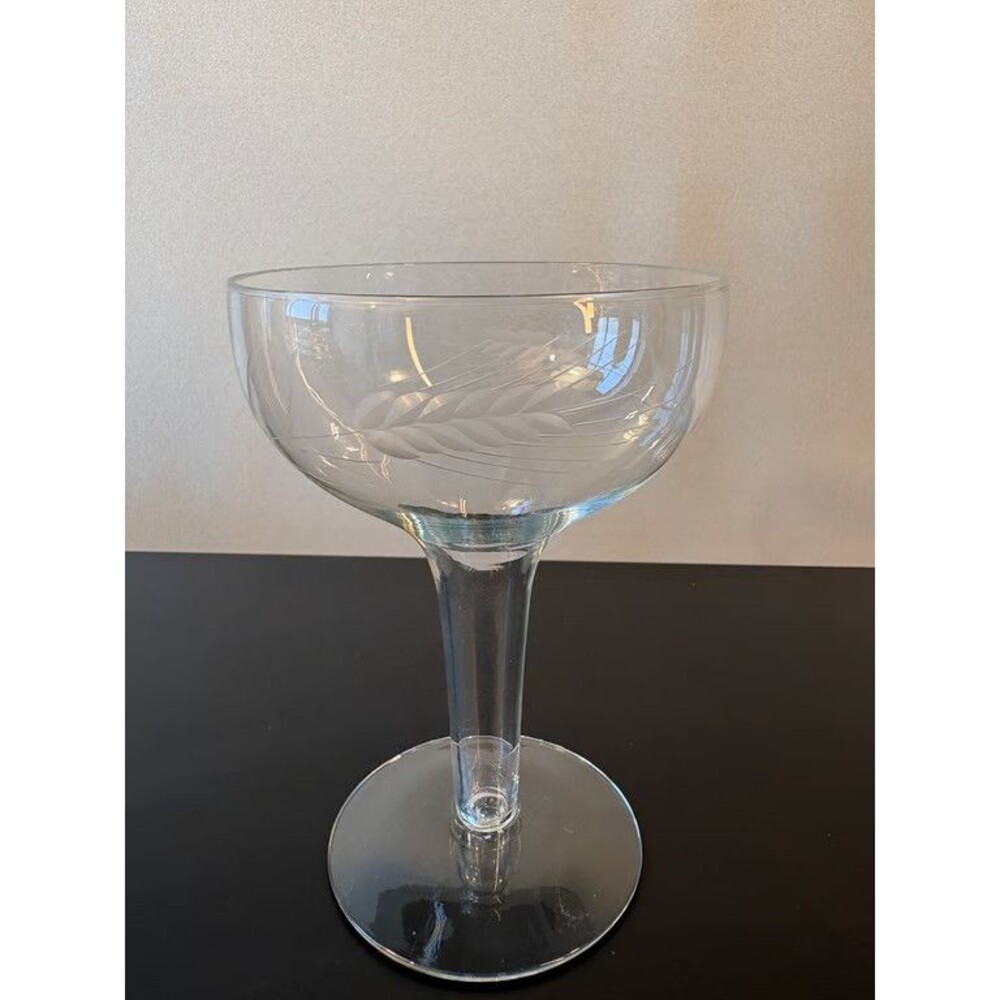 Etched Wheat Pattern Champagne Coupes Hollow Stem Clear Glass Stemware